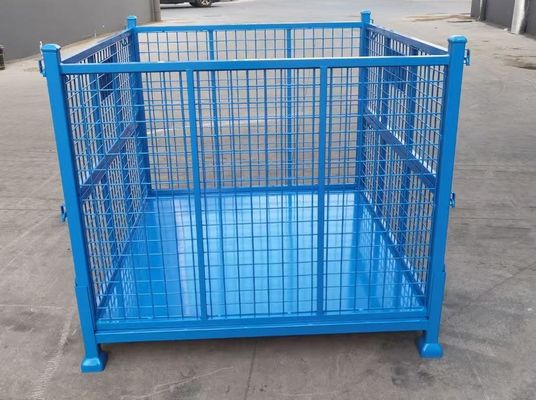 Kontainer baja lipat yang dapat ditumpuk dengan perlindungan mesh Dalam warna biru untuk penyimpanan produksi bahan