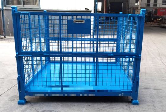 Kontainer baja lipat yang dapat ditumpuk dengan perlindungan mesh Dalam warna biru untuk penyimpanan produksi bahan
