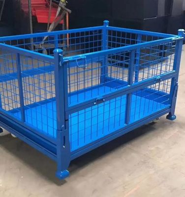 Kontainer baja lipat yang dapat ditumpuk dengan perlindungan mesh Dalam warna biru untuk penyimpanan produksi bahan