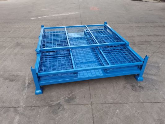 Kontainer baja lipat yang dapat ditumpuk dengan perlindungan mesh Dalam warna biru untuk penyimpanan produksi bahan
